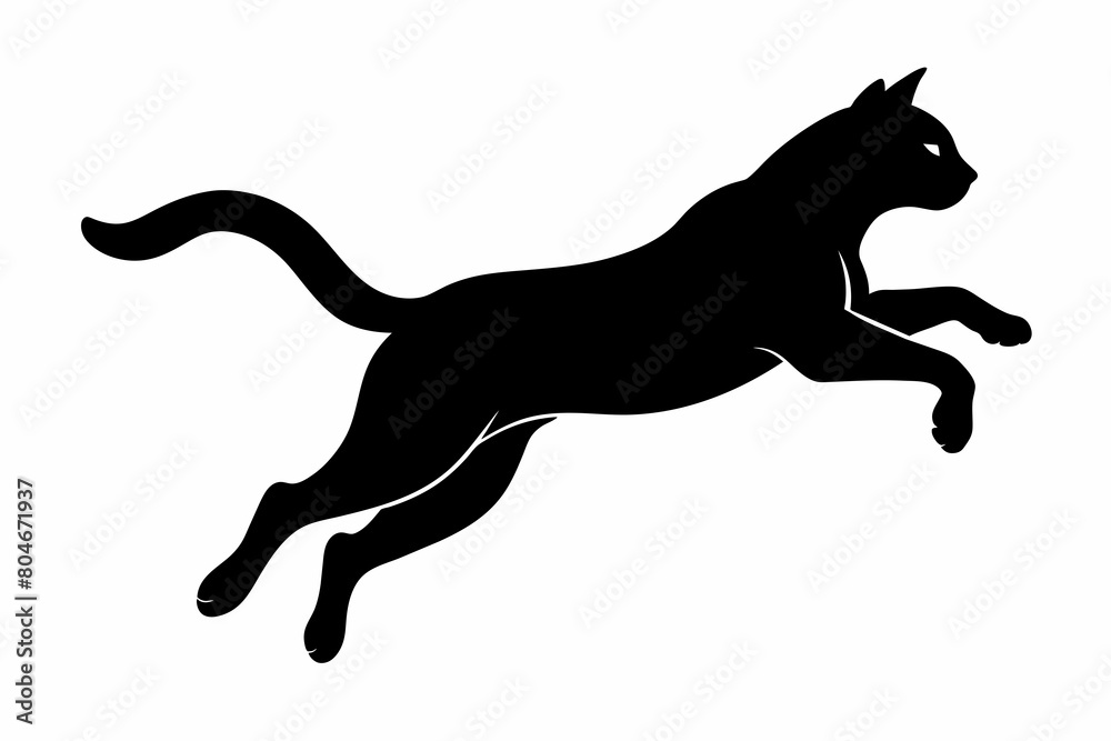 Cat jumping silhouette black on white background