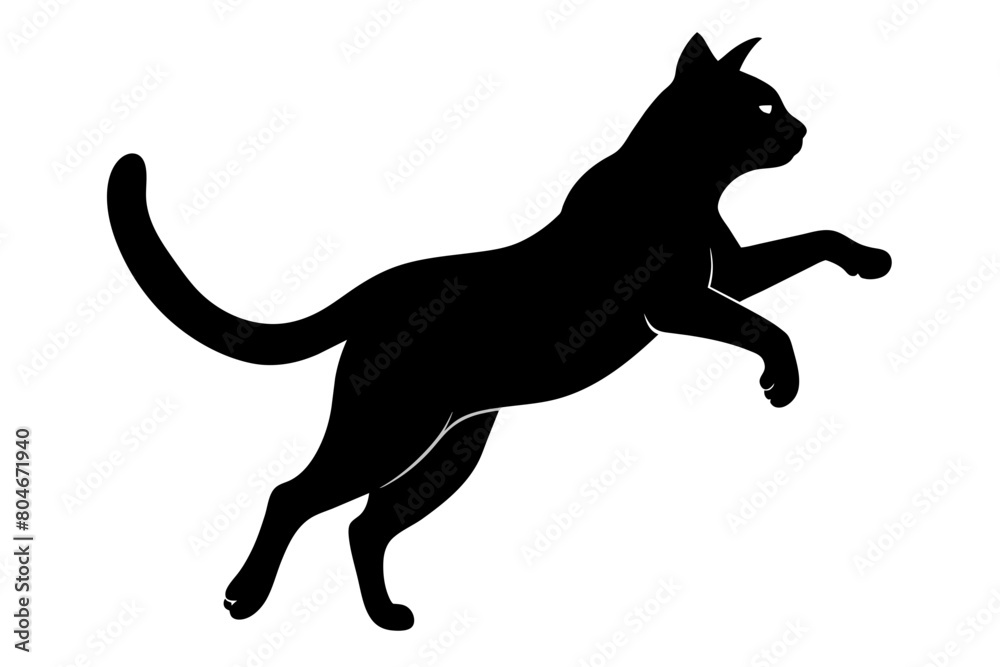 Cat jumping silhouette black on white background