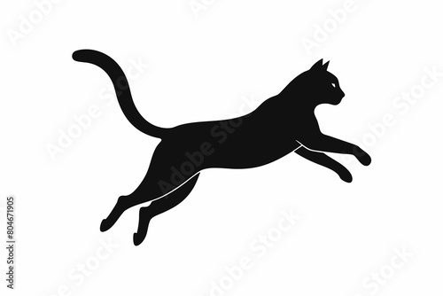 Cat jumping silhouette black on white background