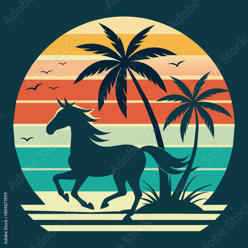 Palm trees  Adobe Illustrator illustration  ocean  beach  sunset style running horse silhouette  vintage style circles