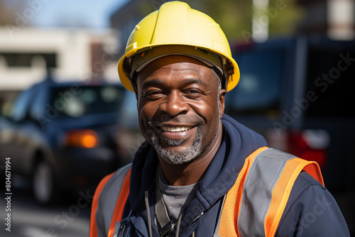 Construction, building and construction worker, man and smile in portrait, employee at construction site with work vest and safety helmet. Working, architecture industry and renovation job.
