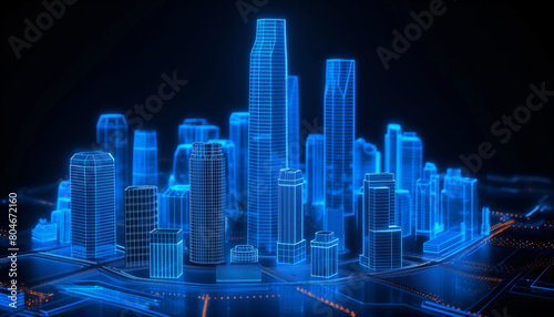 Hologram of a Modern City  Abstract blue cityscape background with towering skyscrapers  