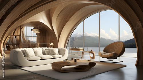 Abstract wooden arched ceiling and wall with curved lines  showcasing the interior design of a modern living room  an architectural masterpiece of organic beauty