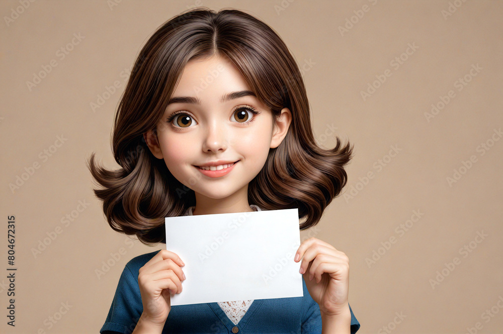 Cartoon portrait of beautiful cheerful girl with white sheet for inscription or congratulations in hands. The background is beige. Copy space. AI generative. Cartoon portrait of beautiful cheerful girl with white sheet for inscription or congratulations in hands. The background is beige. Copy space. AI generative.