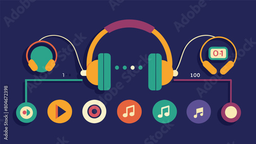 A sound timeline exhibit with headphones and buttons for each decade allowing visitors to listen to popular songs from the time period. Vector illustration photo