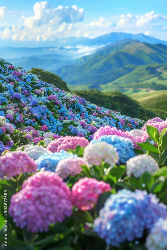 The hydrangeas are all over the hills, pink, blue, white, purple.