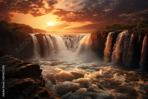 A majestic waterfall illuminated by the warm light of the setting sun, creating a mesmerizing spectacle, isolated on solid white background.