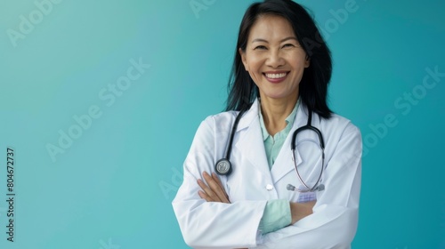 Portrait of asian middle age female doctor with stethoscope on blue background. Space for text