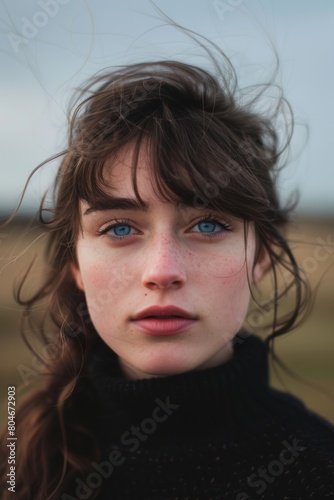 young brown eyed woman with blue eyes on a landscape in yourkshire