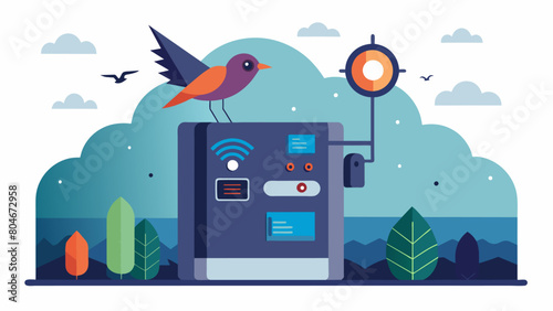 A stateoftheart habitat controller that automatically adjusts light cycles and air flow for optimal conditions for birds to thrive.. Vector illustration