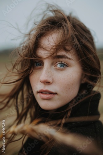 young brown eyed woman with blue eyes on a landscape in yourkshire