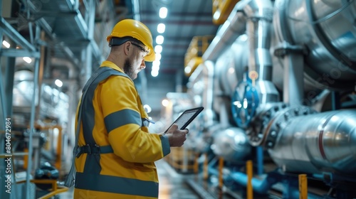 Smart engineer checking iron machine in factory while wearing safety helmet. Professional industrial worker repairing or examining machinery part or turbine machine while holding chart form. AIG42.