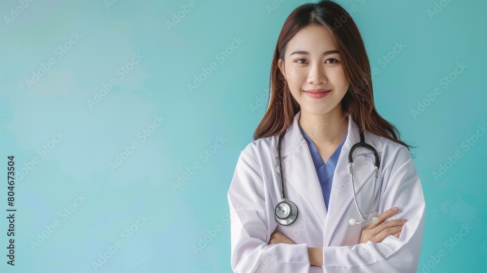 Portrait of asian young female doctor with stethoscope on blue background. Space for text