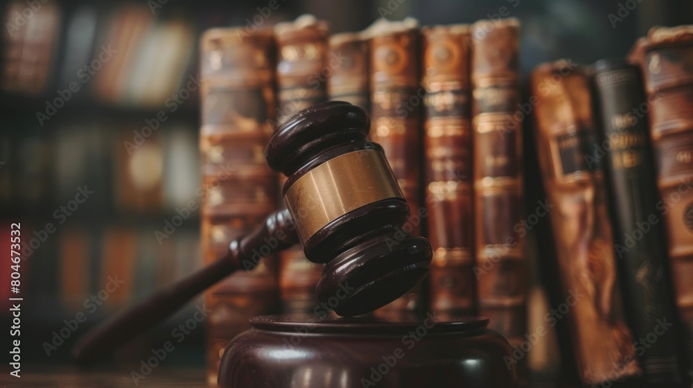 Close up view of judge giving gavel and books on table Close up view of judge giving gavel and books on table