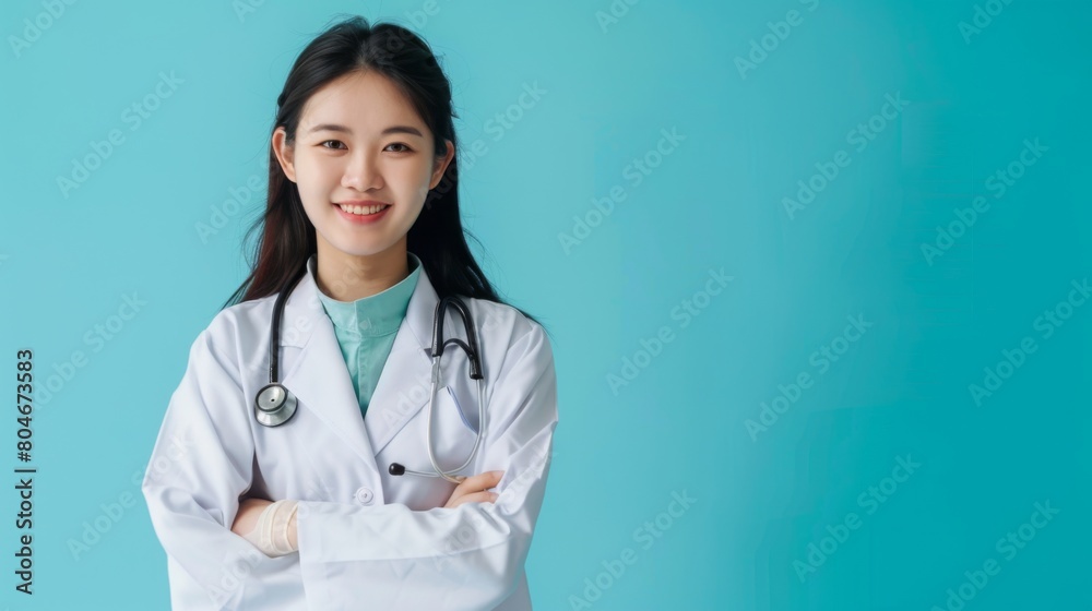 Portrait of asian young female doctor with stethoscope on blue background. Space for text Portrait of asian young female doctor with stethoscope on blue background. Space for text