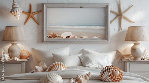 Charming Sea Shells on a Light Grey Canvas Frame in a Beach House Bedroom