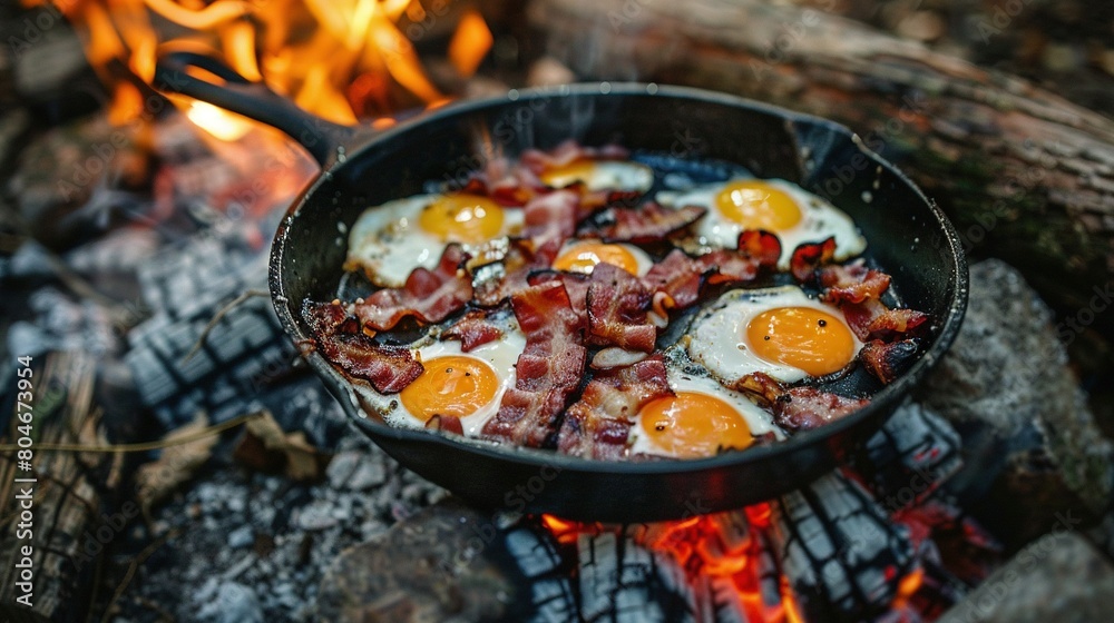 A frying pan with eggs and bacon over a campfire in the background A frying pan with eggs and bacon over a campfire in the background