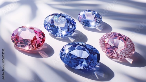 Vibrant gemstones shine elegantly in radiant sunlight against a pristine white background