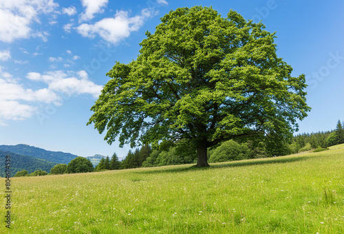 Fototapeta Naklejka Na Ścianę i Meble -  Serene scene of a majestic chestnut tree standing  in a sunlit meadow