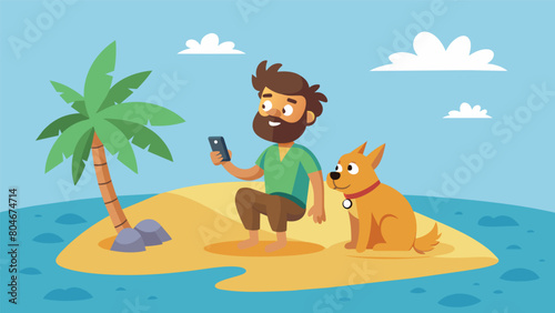 On a deserted island a castaway finds comfort in their furry companion and their reliable GPS pet tracker which brings a sense of security to their. Vector illustration