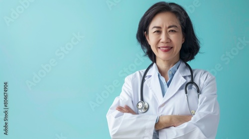 Portrait of asian senior female doctor with stethoscope on blue background. Space for text