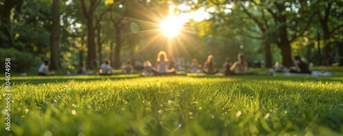 Springtime ambiance enhances a communal yoga and meditation experience on the grass