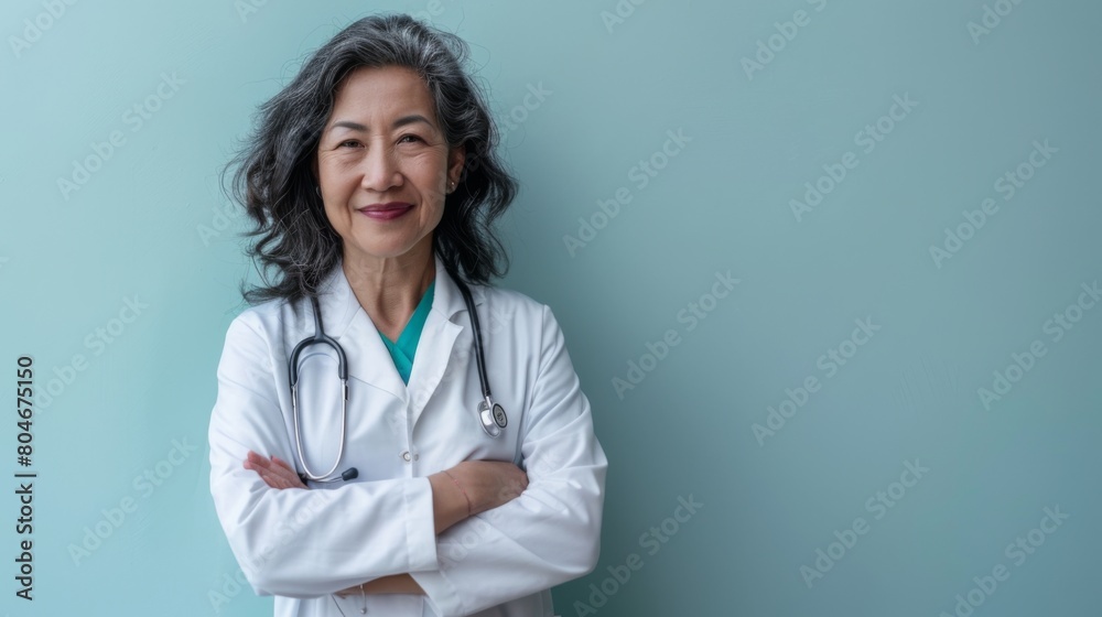 Portrait of asian senior female doctor with stethoscope on blue background. Space for text Portrait of asian senior female doctor with stethoscope on blue background. Space for text