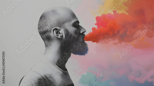 A man with a beard is smoking a cigarette and the smoke is colorful