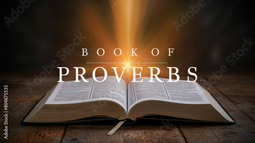 Open Book of Proverbs on a Wooden Table Illuminated, Creating an Atmosphere of Inspiration and Wisdom photo