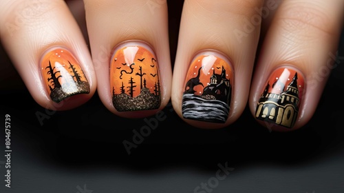 A hand with four orange nails, each with a different design