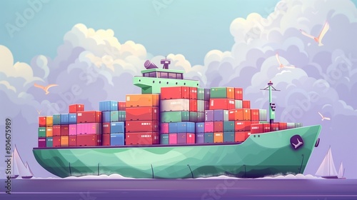 Flat solid color illustration of a mint green cargo ship on a lavender background transporting containers.