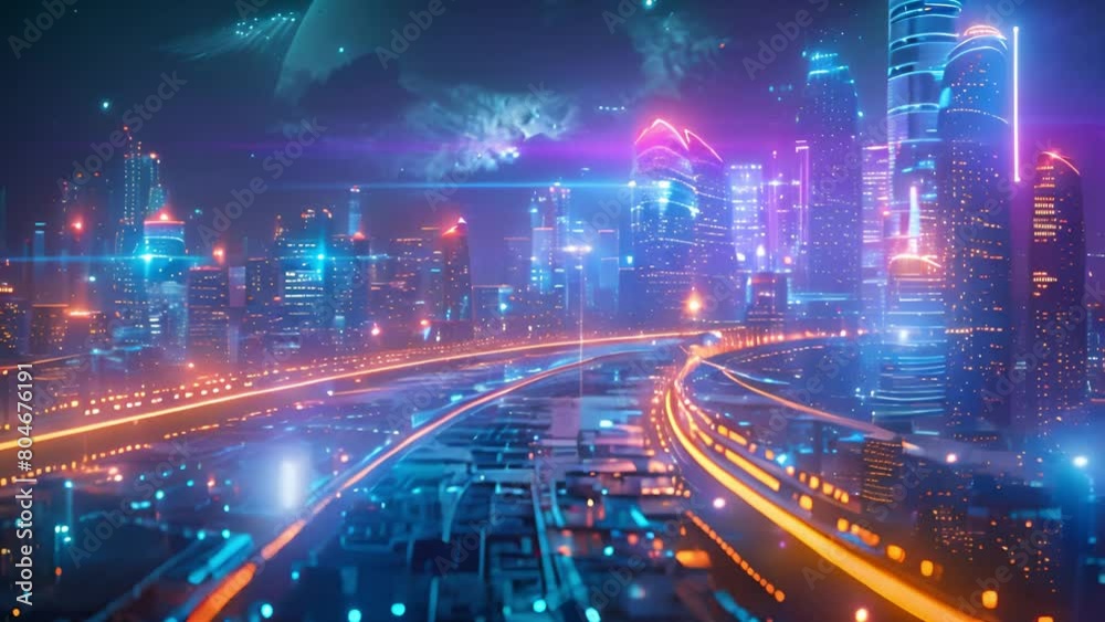 A futuristic city at night illuminated by numerous bright lights, creating a dazzling and vibrant urban landscape. A futuristic city at night illuminated by numerous bright lights, creating a dazzling and vibrant urban landscape.