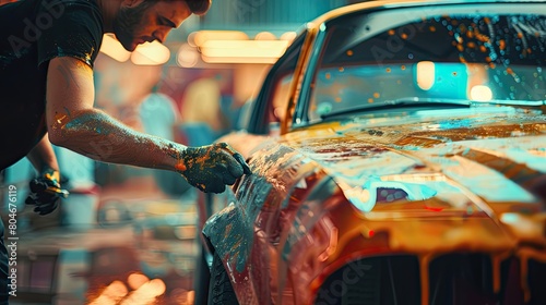 the man washes the car