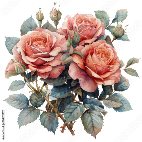 watercolor painting of a bouquet of vintage roses. Isolated transparent backg...