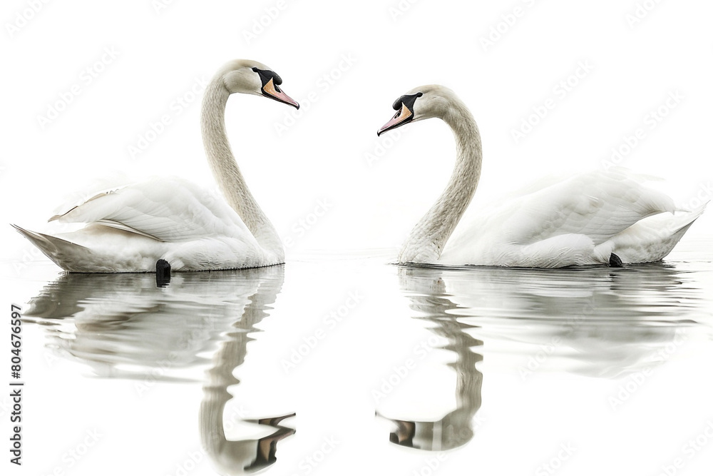 A pair of elegant swans gracefully gliding across a glassy pond, isolated on solid white background. A pair of elegant swans gracefully gliding across a glassy pond, isolated on solid white background.