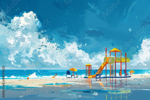 A beach scene with a slide and a swing set photo