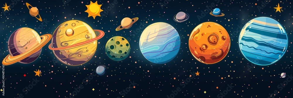 Whimsical cartoon planets and stars seamless pattern on midnight blue background