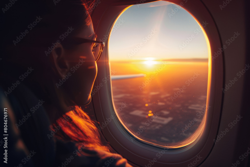 A woman is looking out the window of an airplane A woman is looking out the window of an airplane