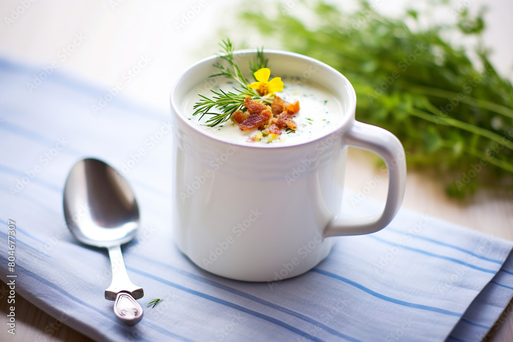 seafood soup with bacon pieces and thyme, in a mug seafood soup with bacon pieces and thyme, in a mug