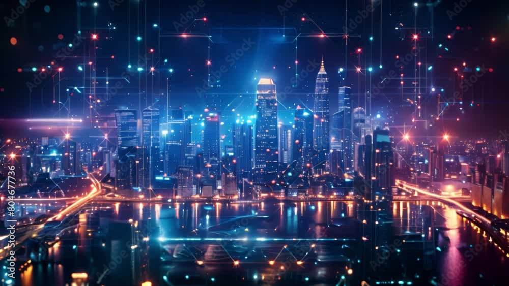Dazzling night view of a high-tech city with neon lights and virtual data streams. Dazzling night view of a high-tech city with neon lights and virtual data streams.