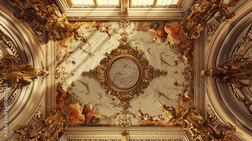 Lavish antique baroque, barocco ornate marble ceiling non linear reformation design. elaborate ceiling with intricate accents depicting classic elegance and architectural beauty