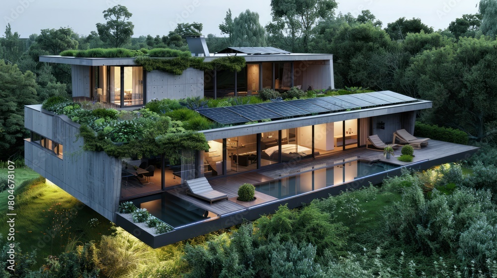 A large house with a green roof and a pool. The house is surrounded by trees and has a modern design