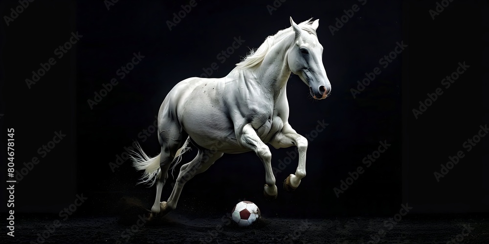 White horse on black background playing football
