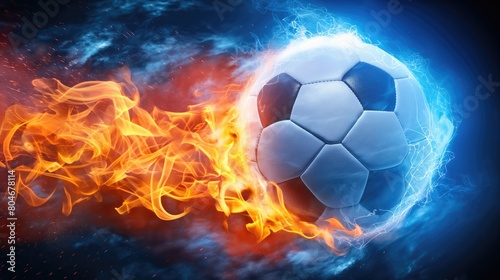 Soccer ball in fire flames on dark background. 3d illustration