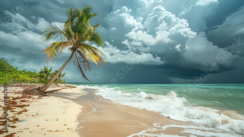 A palm tree is on a beach with a cloudy sky in the background. The sky is overcast and the water is choppy © Dumrongkait