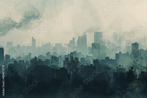suffocating skyline urban landscape shrouded in smog layers digital painting