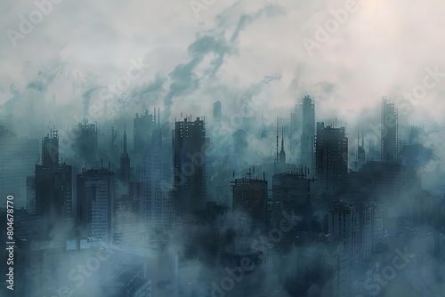 suffocating skyline urban landscape shrouded in smog layers digital painting photo