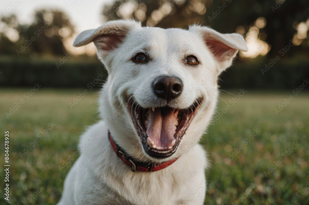 A white dog with a joyful expression on a green lawn in the light of sunset A white dog with a joyful expression on a green lawn in the light of sunset