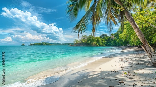 A beautiful beach with a palm tree in the foreground. The sky is blue and there are clouds in the background. The water is calm and the beach is empty