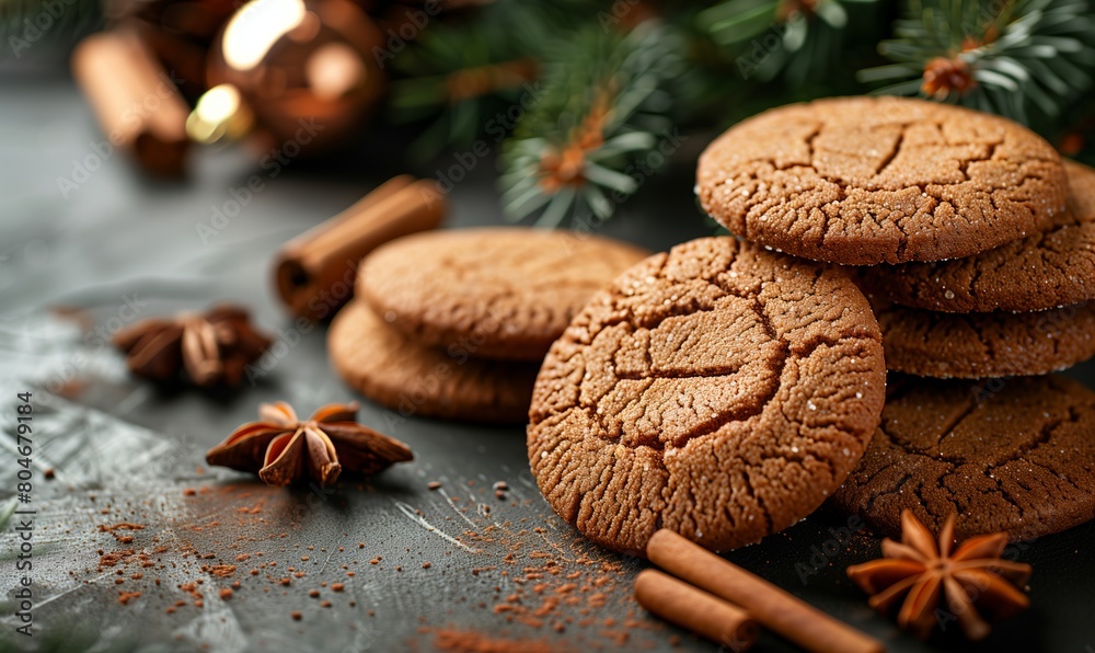 Festive ginger cookies on a textured table surrounded by Christmas decorations Festive ginger cookies on a textured table surrounded by Christmas decorations